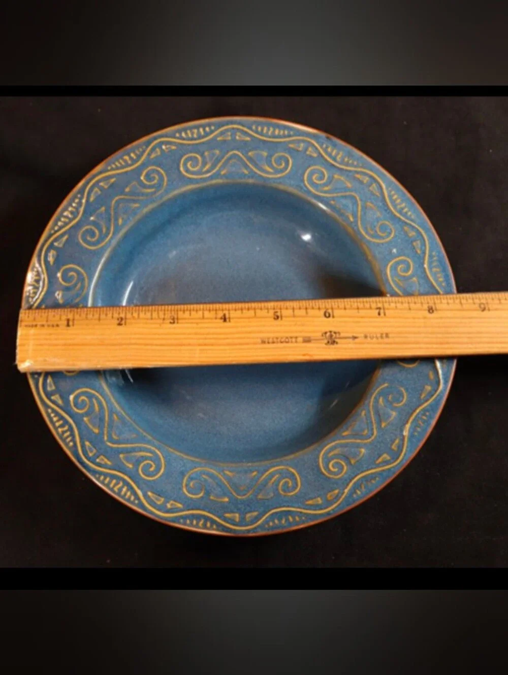 Pier 1 Tunisia Blue with Tan Embossed Scrolls Serving Pasta Salad Bowl 8 ½”